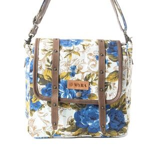 Myra Bag Blue Floral Canvas Crossbody with Brown Trim